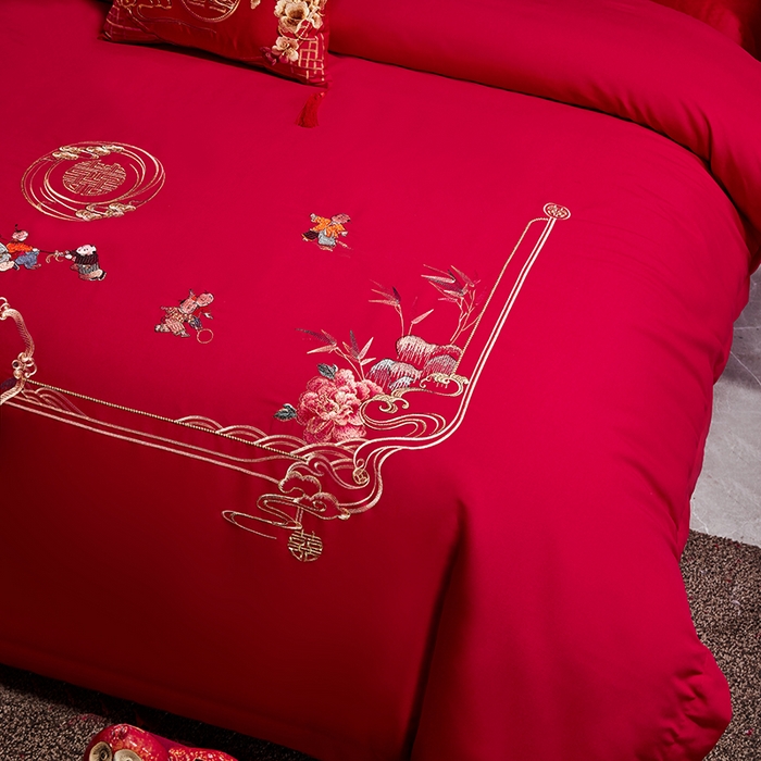 91家纺网 家纺一手货源 找家纺 晶缦家纺 2024新款亲肤舒适棉刺绣花婚庆四件套系列 百子迎亲-绣花花边床单款