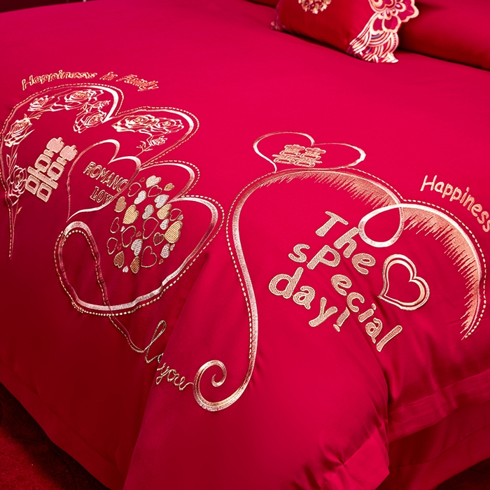 91家纺网 家纺一手货源 找家纺 晶缦家纺 2024新款亲肤舒适棉刺绣花婚庆四件套系列 永结同心-悦-绣花花边床单款