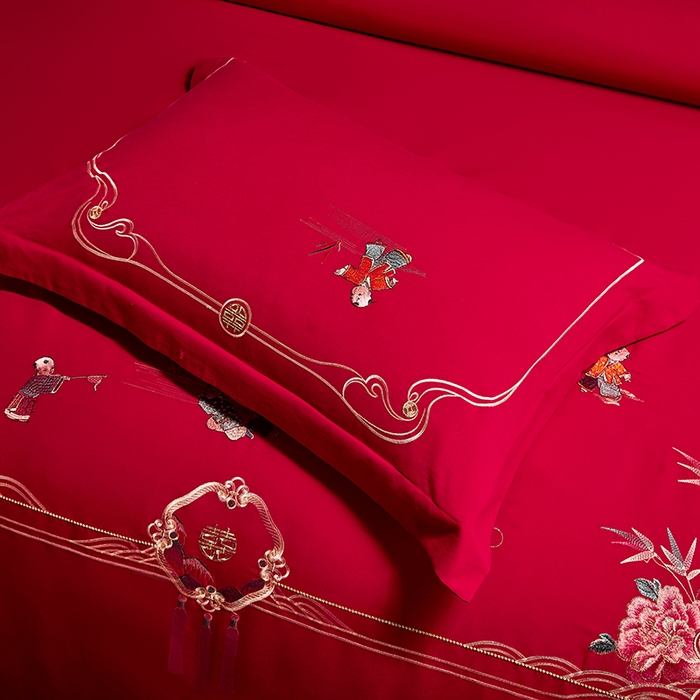 91家纺网 家纺一手货源 找家纺 晶缦家纺 2024新款亲肤舒适棉刺绣花婚庆四件套系列 百子迎亲-绣花花边床单款