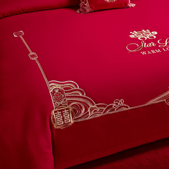 91家纺网 家纺一手货源 找家纺 晶缦家纺 2024新款亲肤舒适棉刺绣花婚庆四件套系列 喜上心头-绣花花边床单款