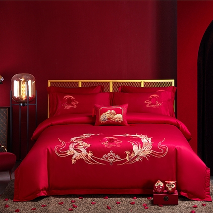 晶缦家纺 2024新款亲肤舒适棉刺绣花婚庆四件套系列 龙威凤采-绣花花边床单款