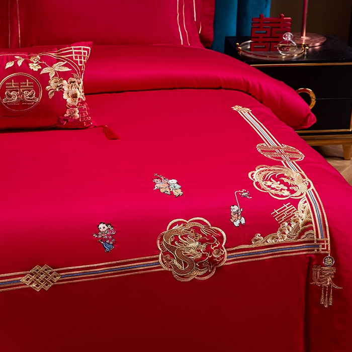 91家纺网 家纺一手货源 找家纺 晶缦家纺 2024新款亲肤舒适棉刺绣花婚庆四件套系列 麒麟送子-悦-绣花花边床单款