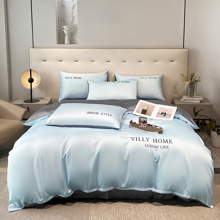 91家纺网 家纺一手货源 找家纺 眠帛家居 2024新款水洗真丝绣花四件套-惟丽系列 天空蓝-经典灰