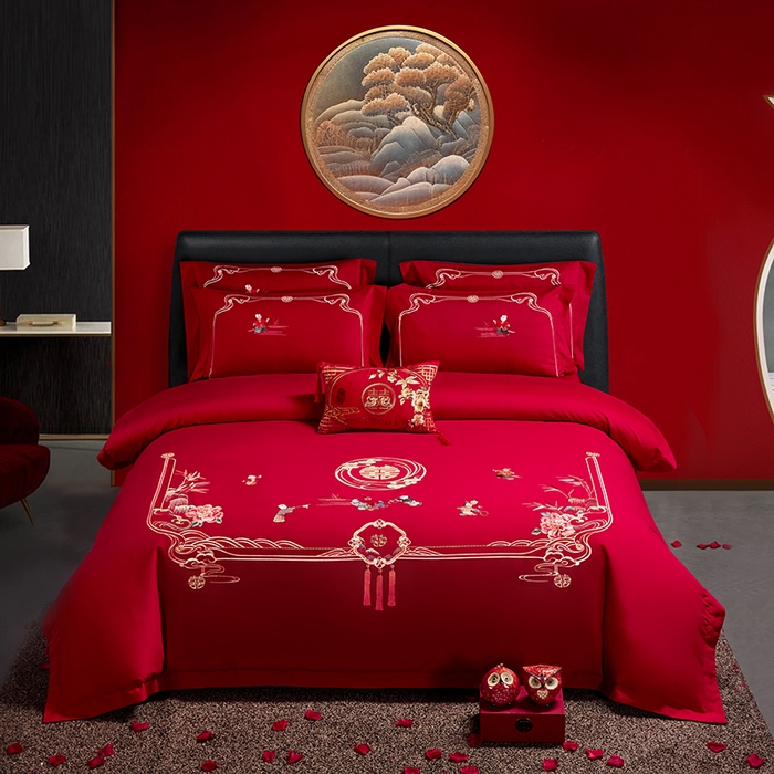 91家纺网 家纺一手货源 找家纺 晶缦家纺 2024新款亲肤舒适棉刺绣花婚庆四件套系列 百子迎亲-绣花花边床单款