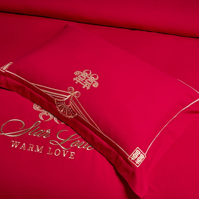 91家纺网 家纺一手货源 找家纺 晶缦家纺 2024新款亲肤舒适棉刺绣花婚庆四件套系列 喜上心头-绣花花边床单款