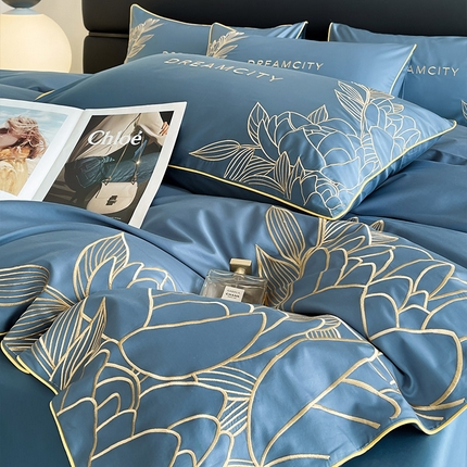 91家纺网 家纺一手货源 找家纺 （总） 2024新款【A类母婴级】100支长绒棉四件套全棉纯棉重工刺绣轻奢风纯色简约天丝棉床单床笠款床上用品