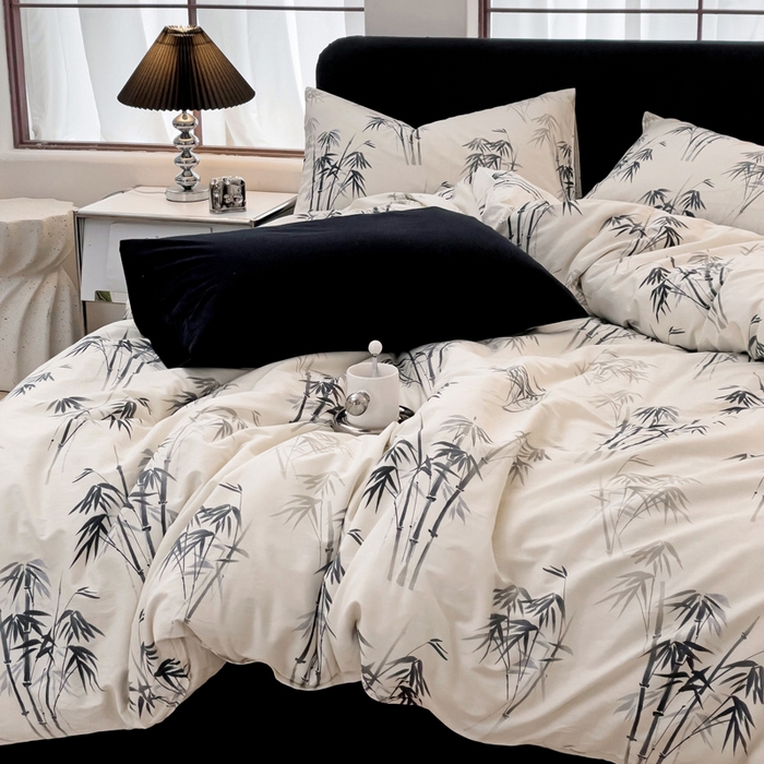 91家纺网 家纺一手货源 找家纺 梦家居 2024新款全棉13372简约小清新四件套 墨竹—黑色