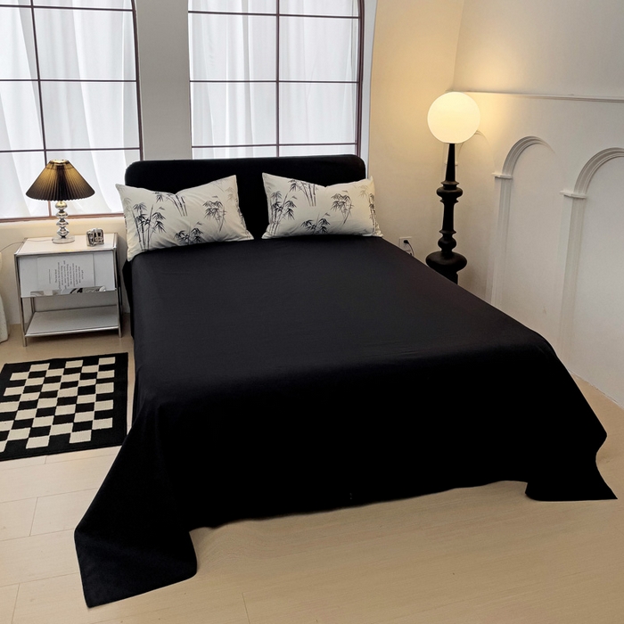 91家纺网 家纺一手货源 找家纺 梦家居 2024新款全棉13372简约小清新四件套 墨竹—黑色