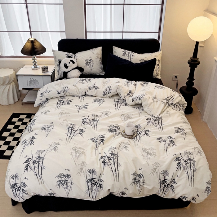 91家纺网 家纺一手货源 找家纺 梦家居 2024新款全棉13372简约小清新四件套 墨竹—黑色