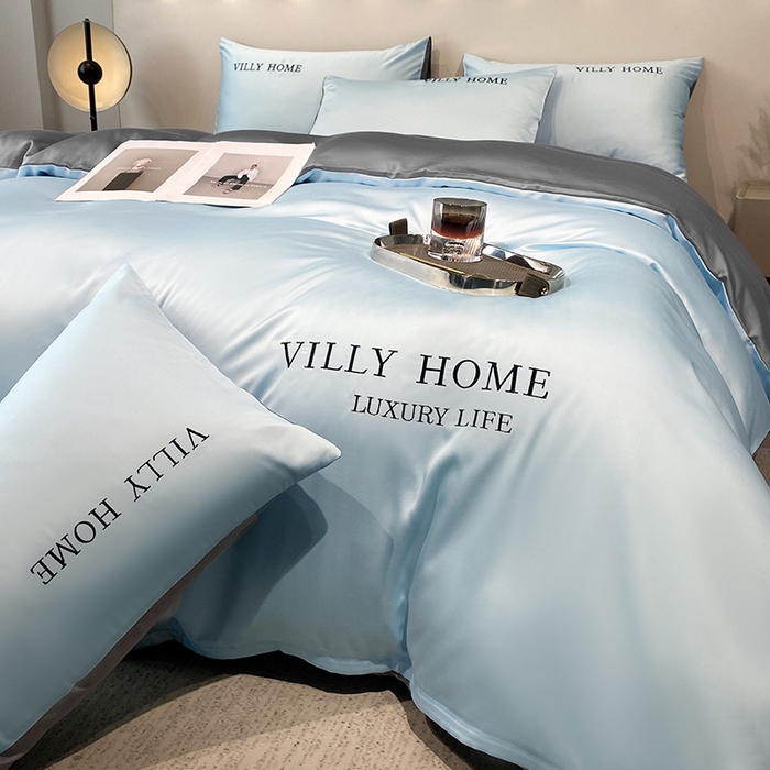 91家纺网 家纺一手货源 找家纺 眠帛家居 2024新款水洗真丝绣花四件套-惟丽系列 天空蓝-经典灰