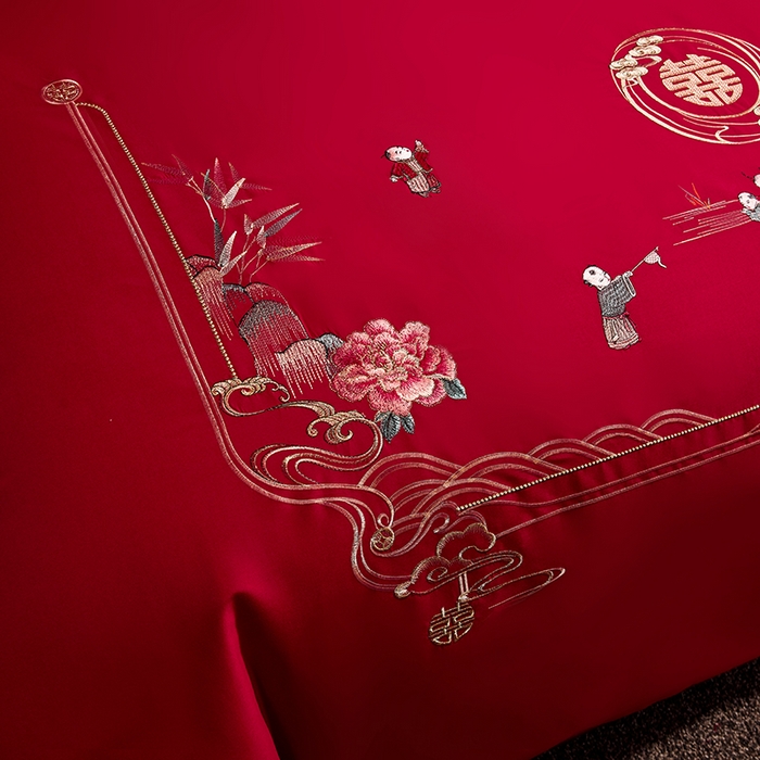 91家纺网 家纺一手货源 找家纺 晶缦家纺 2024新款亲肤舒适棉刺绣花婚庆四件套系列 百子迎亲-绣花花边床单款