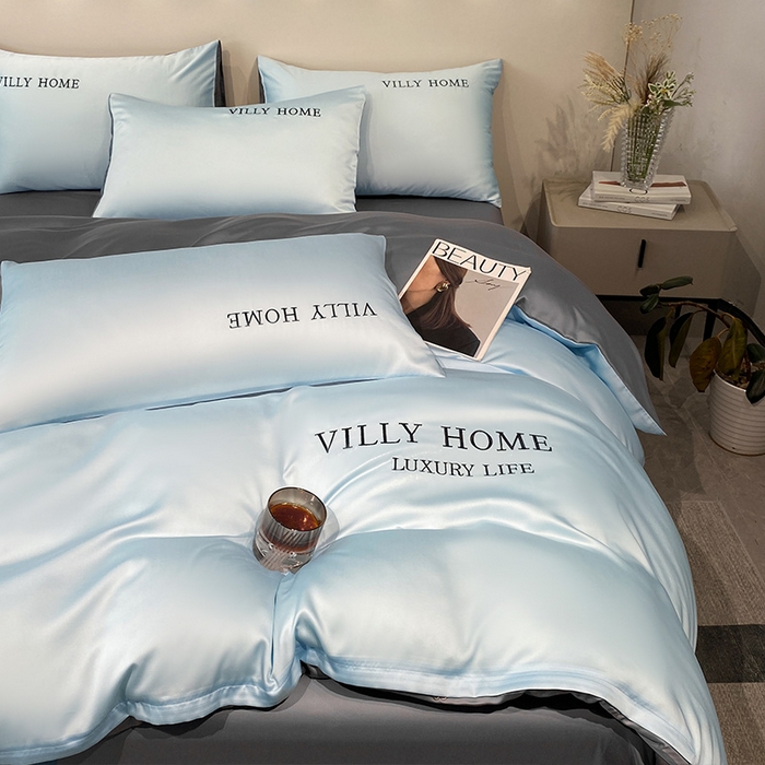 91家纺网 家纺一手货源 找家纺 眠帛家居 2024新款水洗真丝绣花四件套-惟丽系列 天空蓝-经典灰