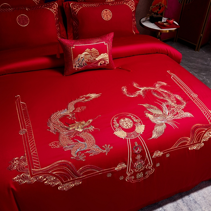 91家纺网 家纺一手货源 找家纺 晶缦家纺 2024新款亲肤舒适棉刺绣花婚庆四件套系列 龙凤祥和-悦-绣花花边床单款