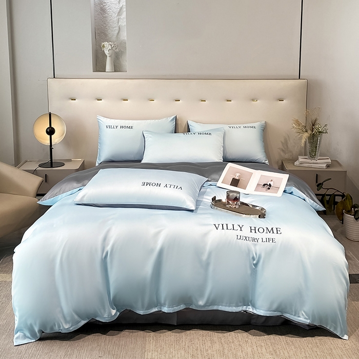 91家纺网 家纺一手货源 找家纺 眠帛家居 2024新款水洗真丝绣花四件套-惟丽系列 天空蓝-经典灰