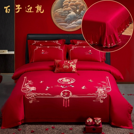 91家纺网 家纺一手货源 找家纺 晶缦家纺 2024新款亲肤舒适棉刺绣花婚庆四件套系列 百子迎亲-绣花花边床单款
