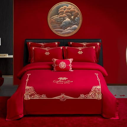 晶缦家纺 2024新款亲肤舒适棉刺绣花婚庆四件套系列 喜上心头-绣花花边床单款
