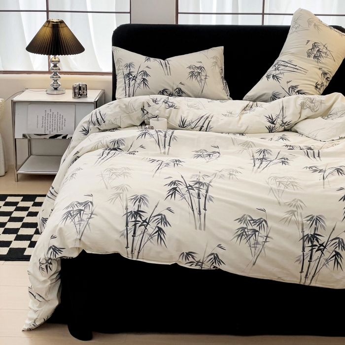 91家纺网 家纺一手货源 找家纺 梦家居 2024新款全棉13372简约小清新四件套 墨竹—黑色