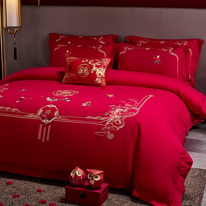 91家纺网 家纺一手货源 找家纺 晶缦家纺 2024新款亲肤舒适棉刺绣花婚庆四件套系列 百子迎亲-绣花花边床单款