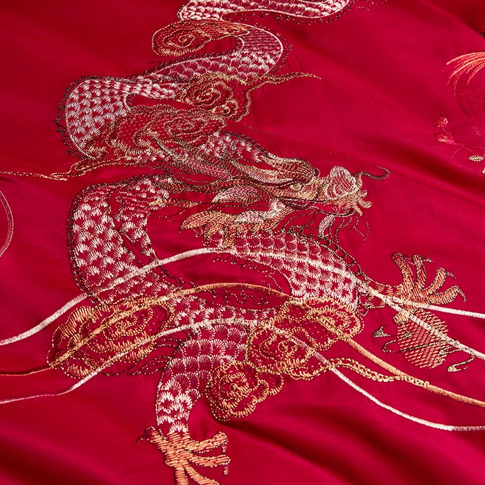 91家纺网 家纺一手货源 找家纺 晶缦家纺 2024新款亲肤舒适棉刺绣花婚庆四件套系列 龙威凤采-绣花花边床单款