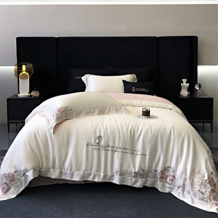 馨蕊家居 2024新款80s兰精天丝刺绣四件套-洛克庄园 天丝洛克庄园 -粉白