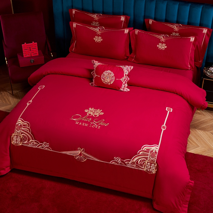 91家纺网 家纺一手货源 找家纺 晶缦家纺 2024新款亲肤舒适棉刺绣花婚庆四件套系列 喜上心头-绣花花边床单款