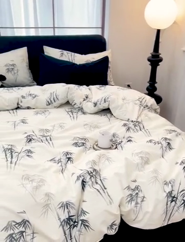 91家纺网 家纺一手货源 找家纺 梦家居 2024新款全棉13372简约小清新四件套 墨竹—黑色