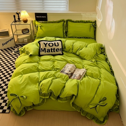 91家纺网 家纺一手货源 找家纺 春光里 2024新款蝴蝶结花边磨毛四件套