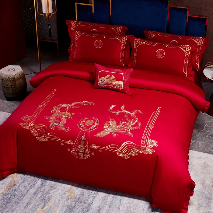 91家纺网 家纺一手货源 找家纺 晶缦家纺 2024新款亲肤舒适棉刺绣花婚庆四件套系列 龙凤祥和-悦-绣花花边床单款