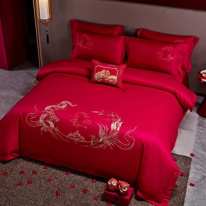 91家纺网 家纺一手货源 找家纺 晶缦家纺 2024新款亲肤舒适棉刺绣花婚庆四件套系列 龙威凤采-绣花花边床单款