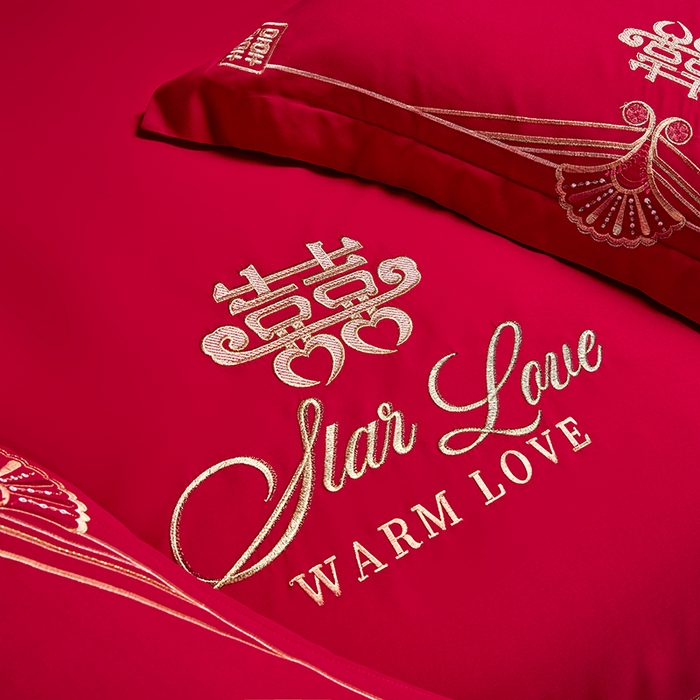 91家纺网 家纺一手货源 找家纺 晶缦家纺 2024新款亲肤舒适棉刺绣花婚庆四件套系列 喜上心头-绣花花边床单款