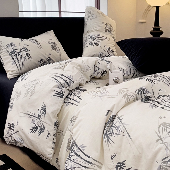 91家纺网 家纺一手货源 找家纺 梦家居 2024新款全棉13372简约小清新四件套 墨竹—黑色