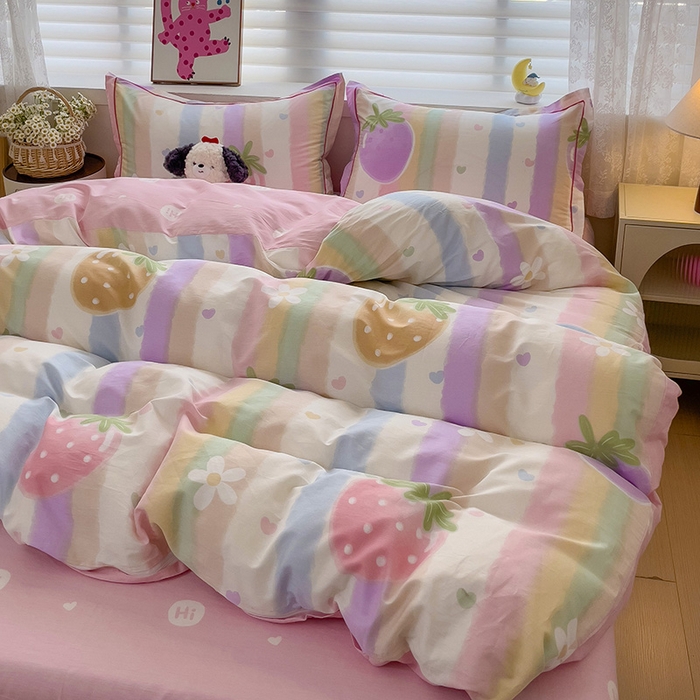 91家纺网 家纺一手货源 找家纺 乐童 2024新款直播爆款13070纯棉印花吊边款一字绣四件套-第七波 爱的萌约