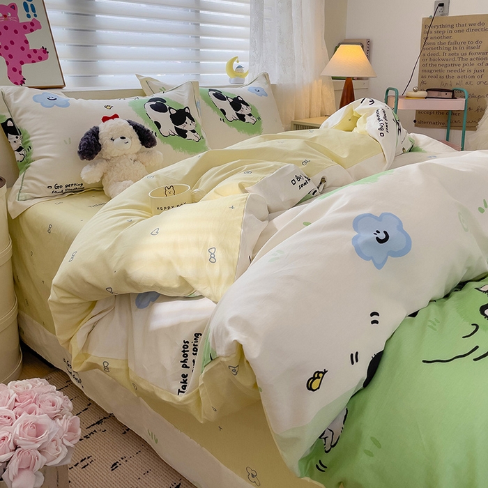 91家纺网 家纺一手货源 找家纺 乐童 2024新款直播爆款13070纯棉印花吊边款一字绣四件套-第七波 淘气喵