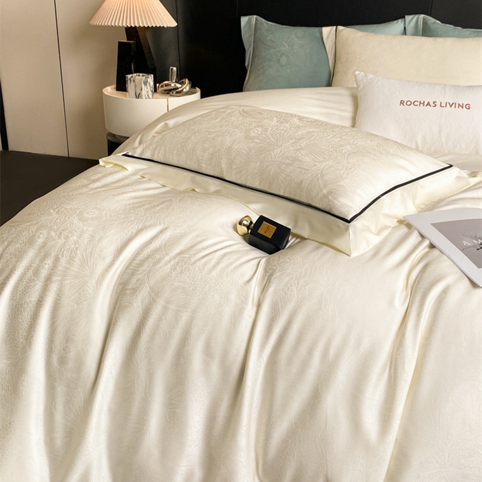 91家纺网 家纺一手货源 找家纺 魅都 2025新款天丝棉提花热带雨林四件套 奶油白