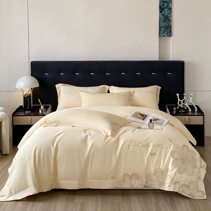 91家纺网 家纺一手货源 找家纺 金牛座 2025新款A类长绒棉全棉刺绣四件套【配礼盒】 锦瑟-奶昔白