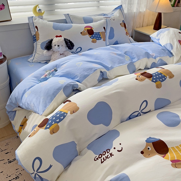 91家纺网 家纺一手货源 找家纺 乐童 2024新款直播爆款13070纯棉印花吊边款一字绣四件套-第七波 萌宠出动