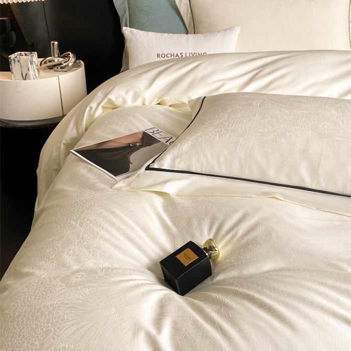 91家纺网 家纺一手货源 找家纺 魅都 2025新款天丝棉提花热带雨林四件套 奶油白