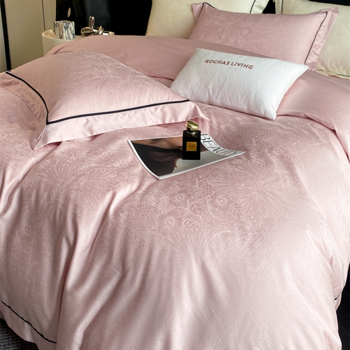 91家纺网 家纺一手货源 找家纺 魅都 2025新款天丝棉提花热带雨林四件套 粉豆沙