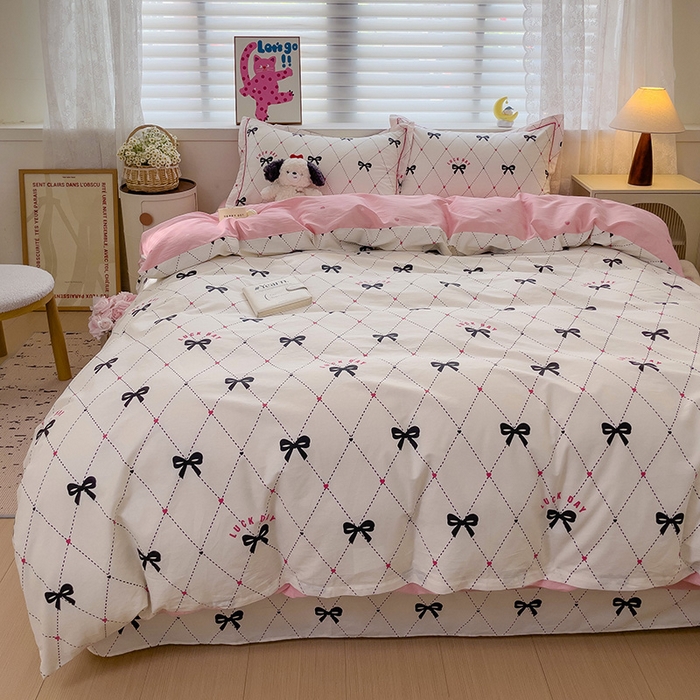 91家纺网 家纺一手货源 找家纺 乐童 2024新款直播爆款13070纯棉印花吊边款一字绣四件套-第七波 爱心蝴蝶结