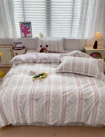 91家纺网 家纺一手货源 找家纺 乐童 2024新款直播爆款13070纯棉印花吊边款一字绣四件套-第七波 赫本风