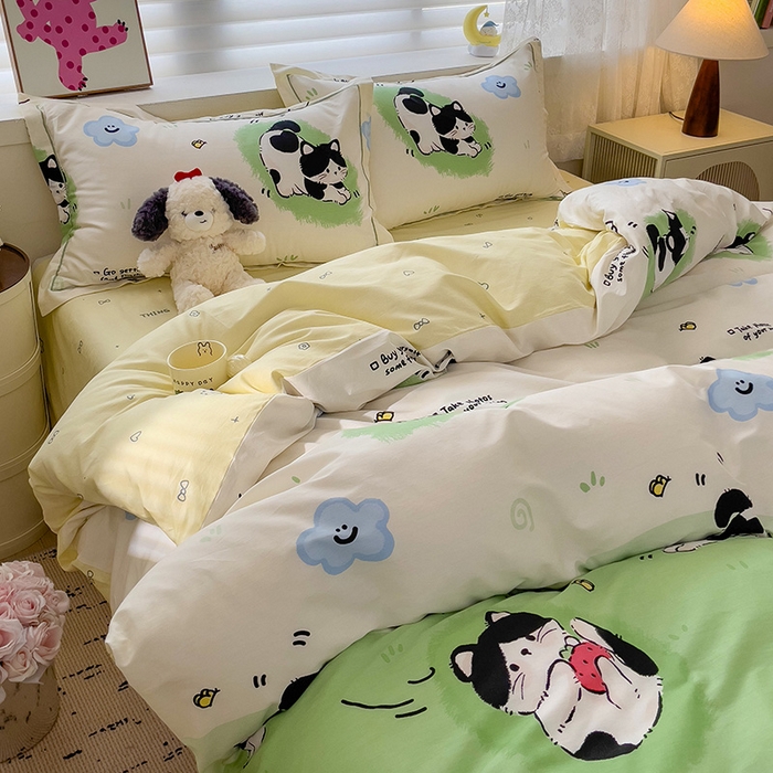 91家纺网 家纺一手货源 找家纺 乐童 2024新款直播爆款13070纯棉印花吊边款一字绣四件套-第七波 淘气喵