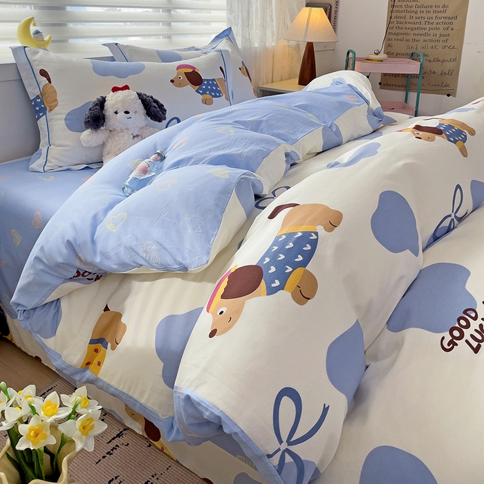 91家纺网 家纺一手货源 找家纺 乐童 2024新款直播爆款13070纯棉印花吊边款一字绣四件套-第七波 萌宠出动