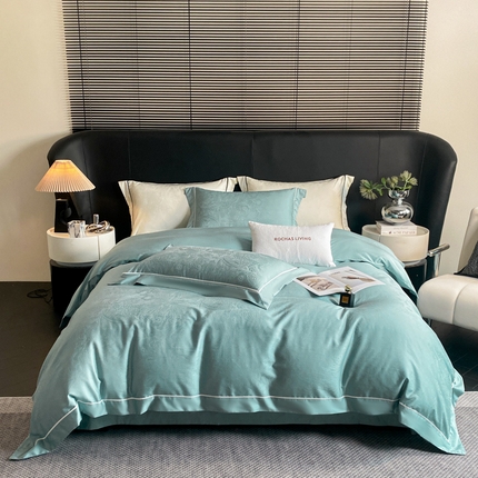 魅都 2025新款天丝棉提花热带雨林四件套 雾蓝