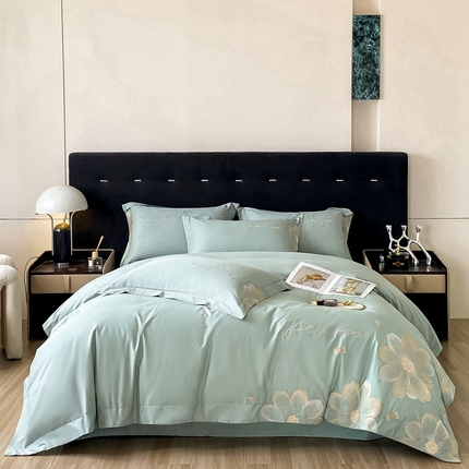 91家纺网 家纺一手货源 找家纺 金牛座 2025新款A类长绒棉全棉刺绣四件套【配礼盒】 锦瑟-湖蓝