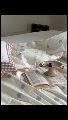 91家纺网 家纺一手货源 找家纺 洋铭区 2024新款贝壳边全棉印花夏被 蓝小圆