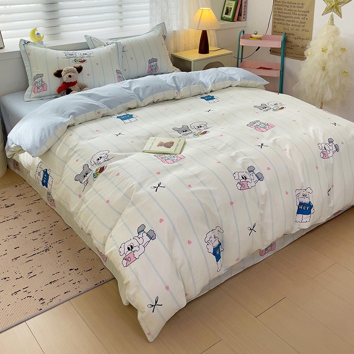 91家纺网 家纺一手货源 找家纺 乐童 2024新款直播爆款13070纯棉印花吊边款一字绣四件套-第七波 可爱小狗