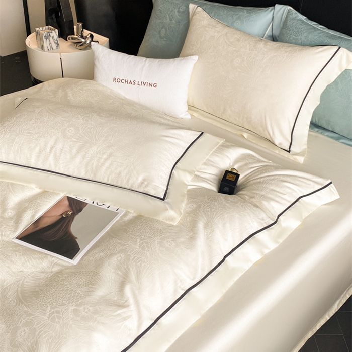 91家纺网 家纺一手货源 找家纺 魅都 2025新款天丝棉提花热带雨林四件套 奶油白