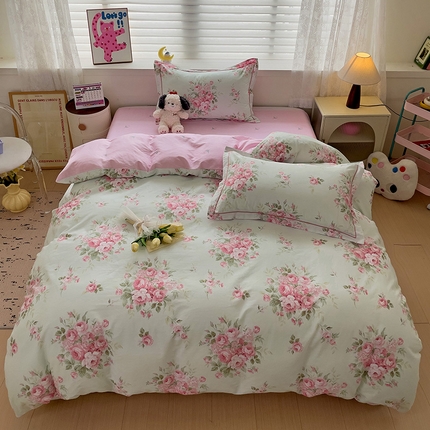 91家纺网 家纺一手货源 找家纺 乐童 2024新款直播爆款13070纯棉印花吊边款一字绣四件套-第七波 叶语悠然