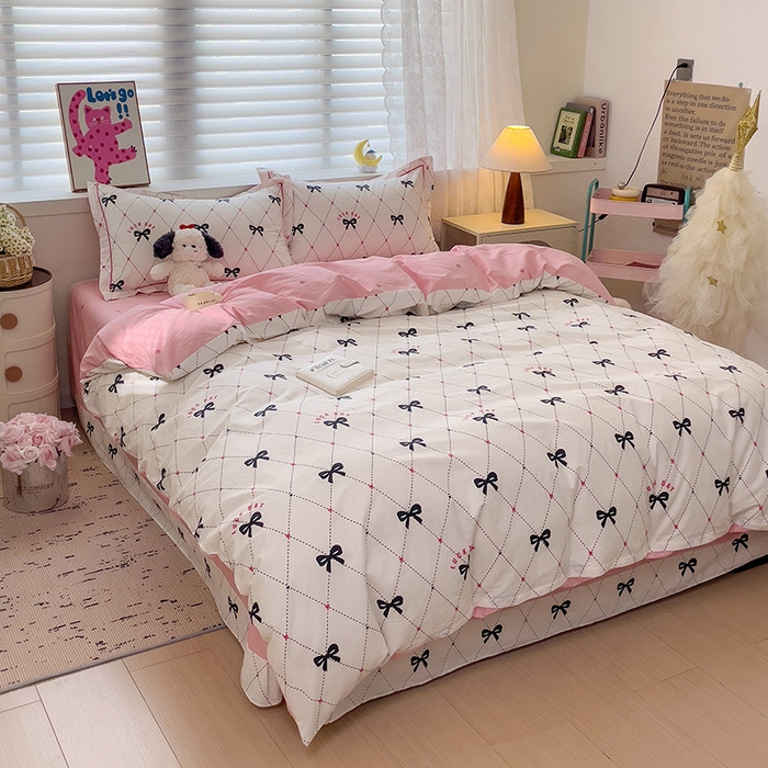 91家纺网 家纺一手货源 找家纺 乐童 2024新款直播爆款13070纯棉印花吊边款一字绣四件套-第七波 爱心蝴蝶结