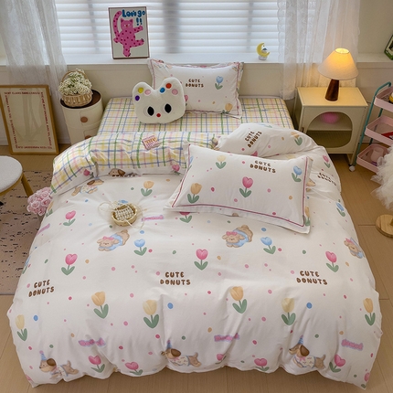 91家纺网 家纺一手货源 找家纺 乐童 2024新款直播爆款13070纯棉印花吊边款一字绣四件套-第七波 甜心玩偶